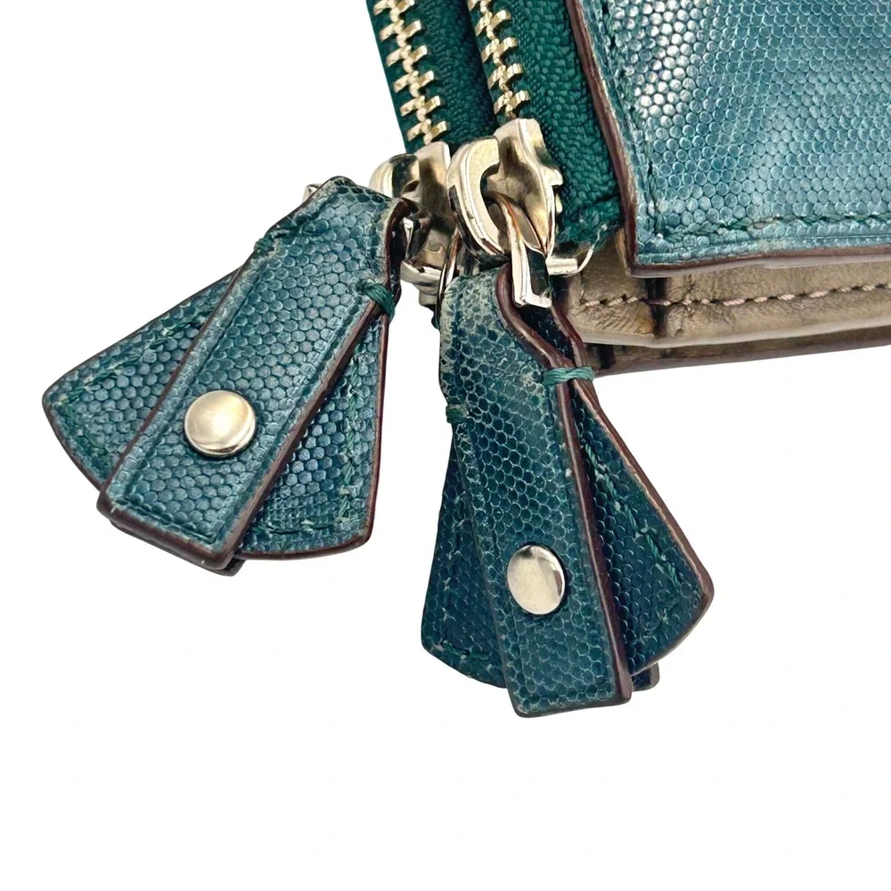 Tumi Zip Around Continental Travel Wallet Womens Leather Teal Lizard Embossed